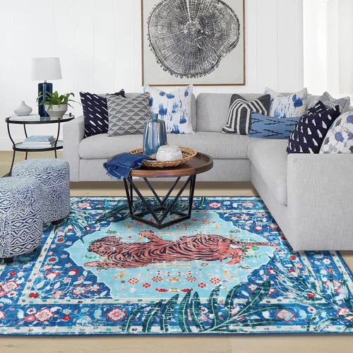 Miniatura 9 de Alfombra de leopardo de 2 x 3 pies para sala de estar, alfombra estética vintage de animales para habitación de niñas, guardería, dormitorio, Azul