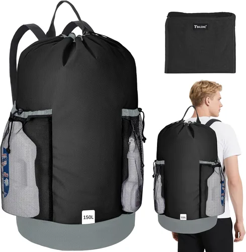 Miniatura 11 de BALEINE Mochila Bolsa de Lavandería de 120L, Tela Oxford 900D Bolsas Grandes de Lavandería de Viaje con Correas para el Hombro y 2 Bolsillos de Negro