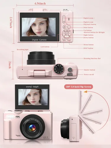 Miniatura 8 de Cámara digital 4K para fotografía, cámara de vlogging de 64 MP para YouTube, cámaras de vlog WiFi con zoom digital de 18X, pantalla abatible de 3