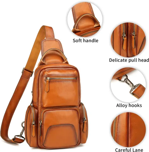 Miniatura 4 de Lieseh Bolso bandolera de cuero genuino para hombre, bandolera para hombro, pecho, mochila de viaje al aire libre