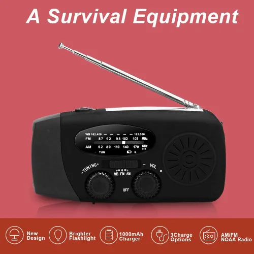 Miniatura 4 de Radio meteorológica de emergencia NOAA de 2000 mAh, manivela portátil con energía solar, radio AM/FM, cargador de teléfono recargable con linterna