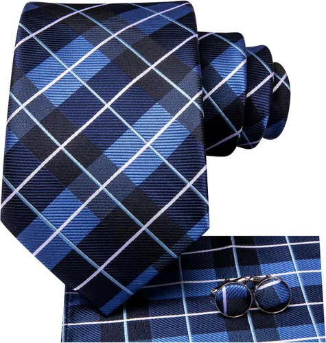 Miniatura 163 de Hi-Tie Corbata clásica de cachemira para hombre con pañuelo y gemelos a cuadros