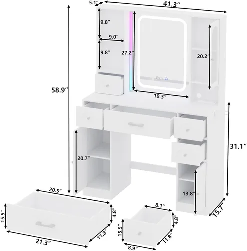 Miniatura 6 de Fameill Tocador Blanco con Espejo, Tocador de Maquillaje con Luces RGB y Regleta de Enchufes, Mesa Tocador de Maquillaje con 5 Cajones Mucho