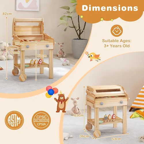 Miniatura 6 de HONEY JOY Cocina de barro, juego de parrilla de madera de abeto para niños al aire libre, juego de comida y herramientas de parrilla, bandeja