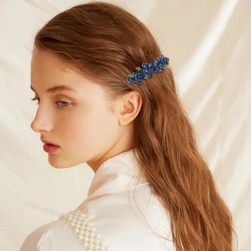 Miniatura 3 de 2 pinzas para el cabello con diamantes de imitación de cristal brillante, pasador francés de flores azules, horquilla floral para novia, boda