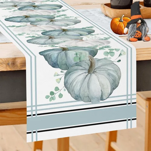 GOOESING Camino de mesa de otoño, calabazas azules y blancas, hojas de eucalipto, caminos de mesa de otoño, Acción de Gracias, cocina, comedor, para