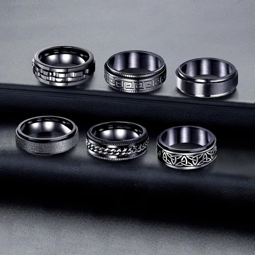 Miniatura 4 de LOWNOUR Anillos antiestrés para la ansiedad, 6 unidades, anillos de acero inoxidable para hombres, anillos giratorios negros para la ansiedad, juego