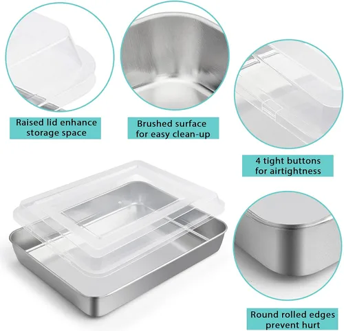 Miniatura 4 de P&P CHEF - Molde de acero inoxidable con tapa, moldes rectangulares para pastel, bandeja para hornear para lasaña y brownies, lado profundo de 2