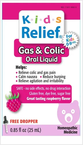 Kids Relief Gas y cólico, fórmula líquida oral natural con gotero, sabor a frambuesa, sin gluten y tinte, sin azúcar, 25 mL