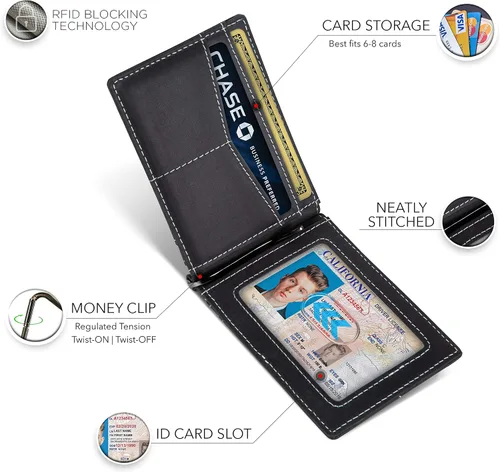 Miniatura 5 de Serman Brand RFID billetera de bloqueo Slim Bifold – cuero genuino minimalista bolsillo frontal carteras para hombres con clip para dinero, cartera