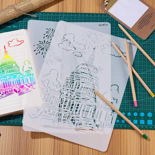 Miniatura 5 de GORGECRAFT Plantilla de dibujo de plástico A4 de 10 estilos A4, plantillas de edificios de ciudades famosas, paisaje de paisaje reutilizable