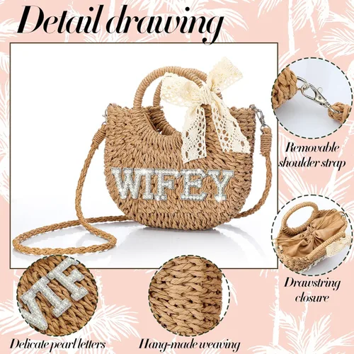 Miniatura 26 de Pinkunn Bolso de paja para novia, bolso tejido a mano, con parches de letras de diamantes de imitación, para despedida de soltera, luna de miel