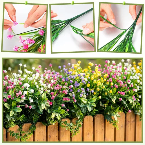Miniatura 4 de Hoteam 40 paquetes de flores artificiales para exteriores, resistentes a los rayos UV, plantas de plástico para exteriores, primavera, verano