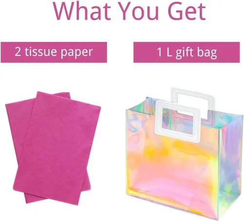 Miniatura 5 de Bolsa de Regalo Holográfica Grande con Papel de Seda Reutilizable, Bolsa de Regalo de Cumpleaños para Mujeres y Niñas, Iridiscente, Despedida de L