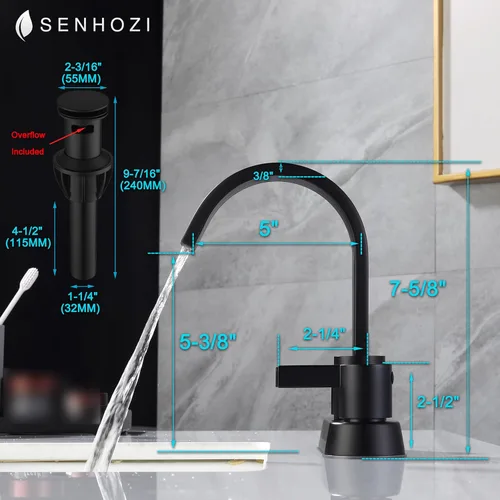 Miniatura 3 de SUS304 - Grifos de baño negro mate para fregadero de 3 agujeros, 4 pulgadas, grifo de cascada con drenaje emergente y 2 mangueras de suministro