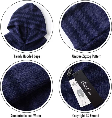 Miniatura 4 de Ferand Suéter poncho de punto con capucha y rayas en zigzag para mujer con flecos