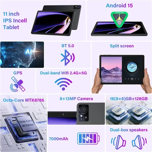 Miniatura 10 de Tablet Android 15 de 11 pulgadas 2025 Última actualización 16 GB RAM 128 GB ROM 1 TB Expandion 5G WiFi celular 21MP doble cámara Octa-core MTK8786.