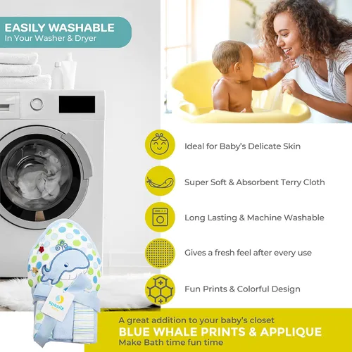 Miniatura 6 de Spasilk Toalla de baño con capucha para bebé con 3 paños de baño, artículos esenciales de baño para bebé, talla única, ballena azul (paquete de 3)
