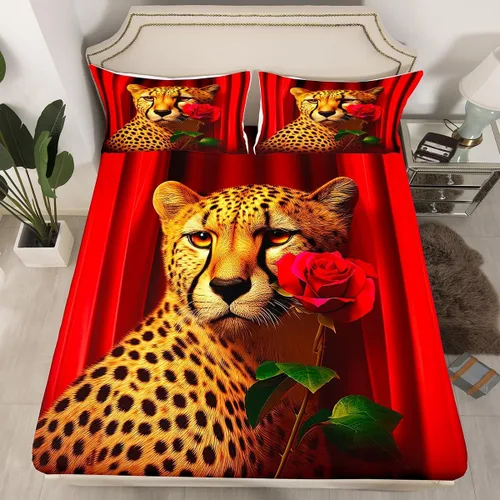 Miniatura 24 de Erosebridal Juego de sábanas bajeras de rosas rojas y leopardo, tamaño individual, diseño de animales africanos salvajes, diseño de plantas