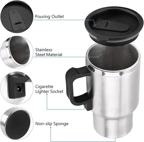 Miniatura 2 de Hervidor de té eléctrico, hervidor eléctrico para automóvil, 12 V 15.2 fl oz, taza de calefacción eléctrica de viaje en el automóvil, calentador