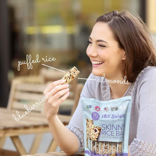 Miniatura 4 de 180 Snacks Paquete de barras de arroz delgadas – Arándano + arándano – Barras de arroz con almendras y sal del Himalaya – Snacks bajos en calorías
