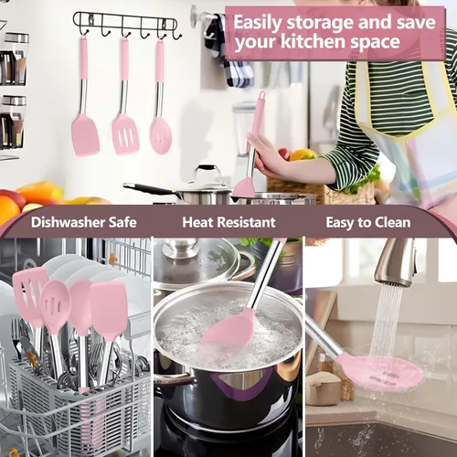 Miniatura 4 de P&P CHEF Juego de 4 utensilios de cocina rosados, espátulas sólidas de silicona, cucharas ranuradas para utensilios de cocina antiadherentes