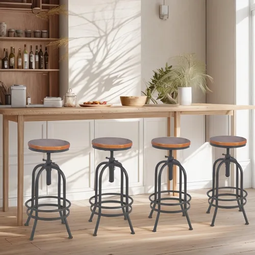 Miniatura 5 de Juego de 2 taburetes de bar industriales, taburetes giratorios retro de 26 a 32.3 pulgadas, silla de cocina extra alta, altura de mostrador de barra