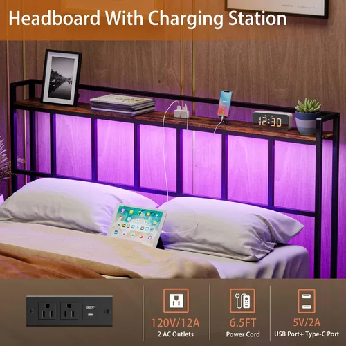 Miniatura 4 de LAKEMID Cabecera tamaño Queen, cabeceros con luz LED, salidas y puertos USB, cabecera con estante de almacenamiento, cabecera resistente y estable