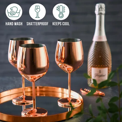 Miniatura 2 de Oak & Steel - Juego de 4 copas de vino de acero inoxidable de oro rosa en caja de regalo de Navidad, copa de vino de metal de 18 onzas, copas
