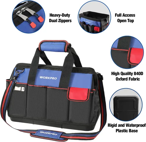 Miniatura 3 de WORKPRO Bolsa de herramientas, bolsa de herramientas de 18 pulgadas con base moldeada impermeable, bolsa organizadora de herramientas de tapa