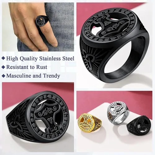 Miniatura 4 de FaithHeart Viking Vegvisir Pirate Compass Anillos, Acero Inoxidable Chapado en Oro de 18K Símbolo nórdico Vintage Joyería Personalizada Personalizada