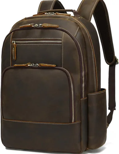 Mochila De Cuero Genuino De Grano Completo Para Hombres, 16" Mochila Portátil Para Viajes De Negocios 32L - Marrón