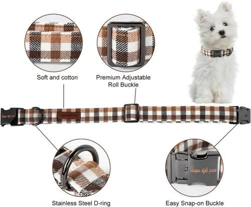 Miniatura 2 de Unique style paws - Collar para perro con hebilla de metal, regalo para perros pequeños, medianos y grandes, a cuadros marrones