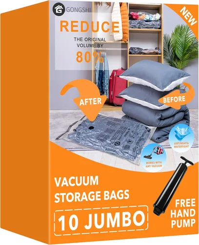 Miniatura 12 de 10 paquetes de bolsas de almacenamiento al vacío (5 x grandes, 5 x medianas), bolsas compresoras selladoras ahorradoras de espacio con bomba de mano