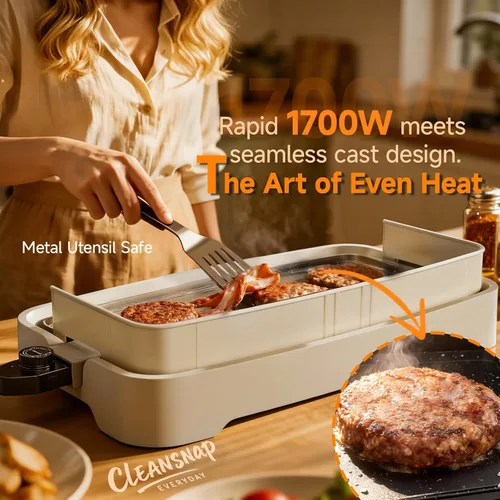 Miniatura 5 de Cleansnap Plancha Eléctrica de Uso Diario, Gran Regalo para Banquetes Familiares - Parrilla Antiadherente de 20" con Protector Plegable Vainilla