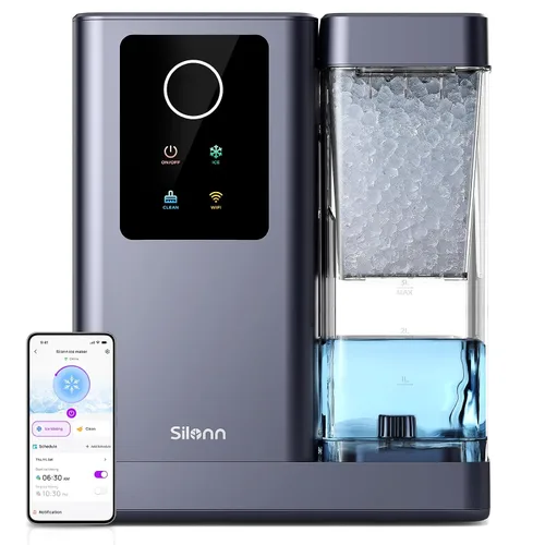 Miniatura 11 de Silonn - Máquina para hacer hielo con encimera, 9 cubos listos en 6 minutos, 26 libras en 24 horas, máquina de hielo autolimpiante con cuchara