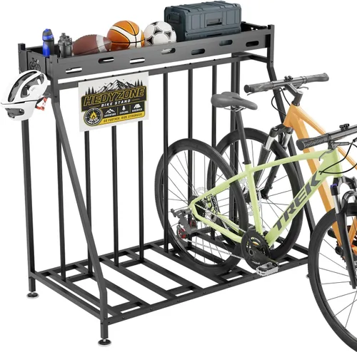 Miniatura 8 de Soporte de 3 bicicletas estable para bicicletas, garaje con cestas de almacenamiento para interiores, estante de almacenamiento de bicicletas