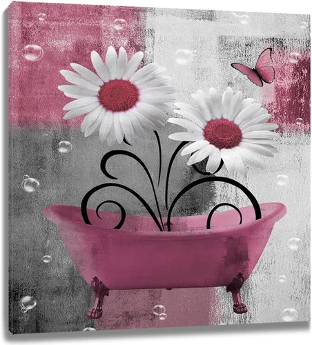 Miniatura 20 de HVEST Arte de pared retro floral morado para sala de estar, casa de campo, margaritas y mariposas en lienzo geométrico abstracto, arte de pared
