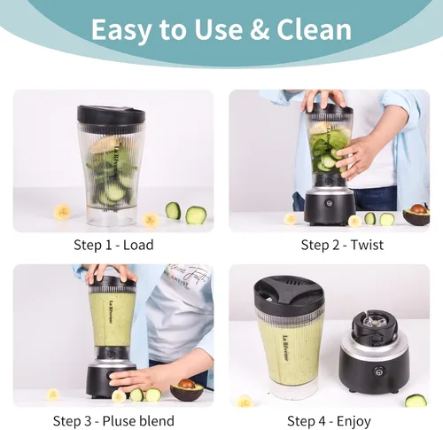 Miniatura 4 de La Reveuse Licuadora de tamaño personal de 250 vatios de potencia para batidos, licuados, condimentos, salsas con taza portátil de 15 onzas, sin BPA