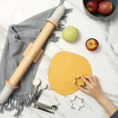Miniatura 2 de Geesta - Rodillo de madera ajustable con 5 anillos de grosor, diseño de mango de prensa de rodillo de masa preciso con guía de medición para Western