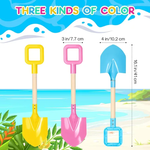 Miniatura 2 de Dsmile 3 palas largas de playa de 16 pulgadas de metal para niños, palas de arena, juguetes con mango de madera para excavar, palas de nieve, caja