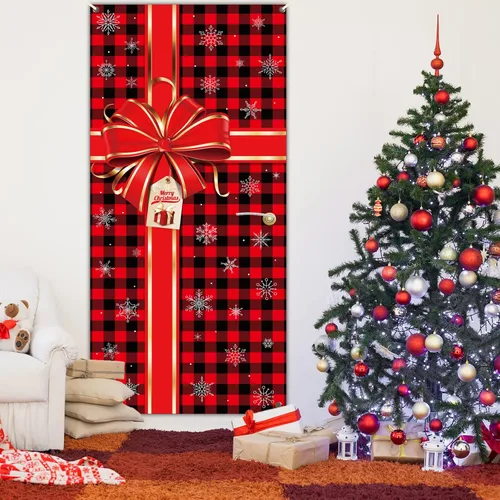 Miniatura 6 de Cartel de Navidad para puerta, decoración de Feliz Navidad, búfalo a cuadros rojos y negros, telón de fondo de caja de regalo de Navidad, lazo