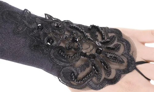 Miniatura 3 de PENTA ANGEL Guantes largos negros de ópera de los años 20 con trabillas para los dedos, elásticos sin dedos, bordado floral, lentejuelas, satén