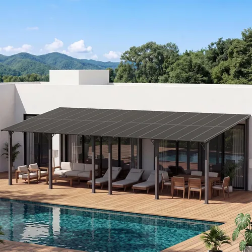 Miniatura 17 de Aoxun Pérgola de 8 x 5 pies para patio, cenador con techo inclinado, pérgola para parrilla grande montada en la pared, toldos resistentes