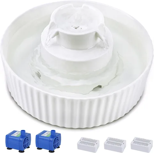 Miniatura 9 de Lawfery Fuente de agua de cerámica para gatos, fuente para gatos de 71 onzas con 3 filtros de carbono y 2 bombas silenciosas, dispensador de agua