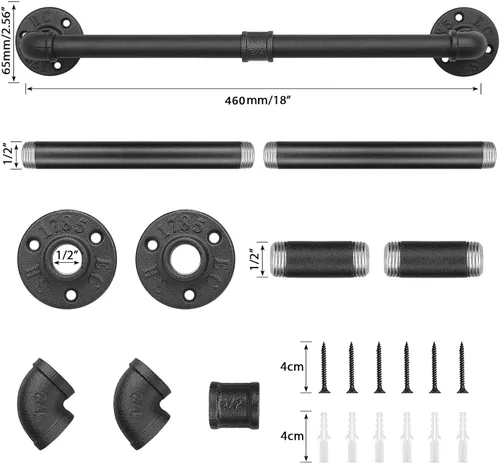 Miniatura 2 de Soporte de Toallas de Tubo Industrial, Barra de Toallas, Soporte de Toallas de Baño Rústico de Granja para Pared, Resistente (Negro, 45.72 cm)