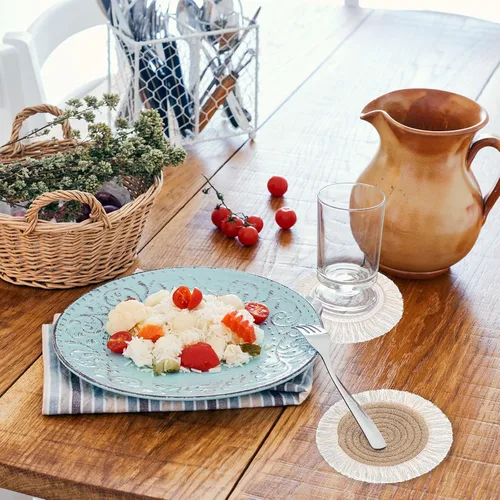 Miniatura 6 de Whaline Paquete de 4 posavasos bohemios beige hechos a mano de ganchillo para bebidas, tapete bohemio tejido para vacaciones, hogar, cocina