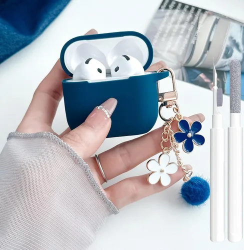 Miniatura 24 de Bonita funda negra para Airpods de 2ª/1ª generación para niñas y mujeres, con llavero de pompón de flores y kit de limpieza, funda protectora tipo