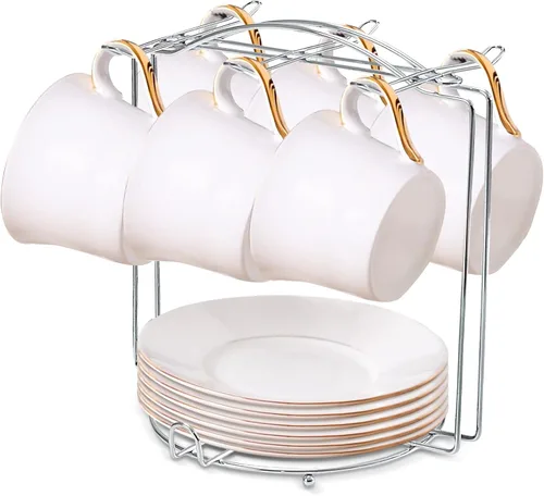 Soporte para tazas de té y platillos, soporte de metal para tazas de té, organizador para taza de café, cuchara y platillos (plateado)