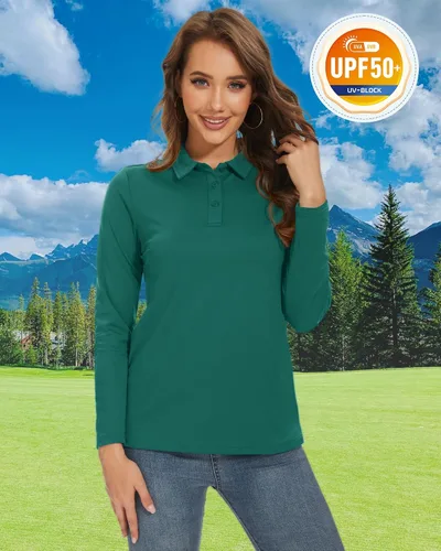 Miniatura 3 de TACVASEN Polo de golf para mujer, manga larga, protección solar UPF 50+, cuello de 3 botones, camiseta de secado rápido